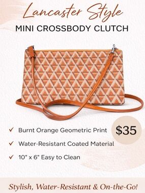 👜Lancaster Style Mini Crossbody Clutch Burnt Orange Geometric Print 10” x 6”